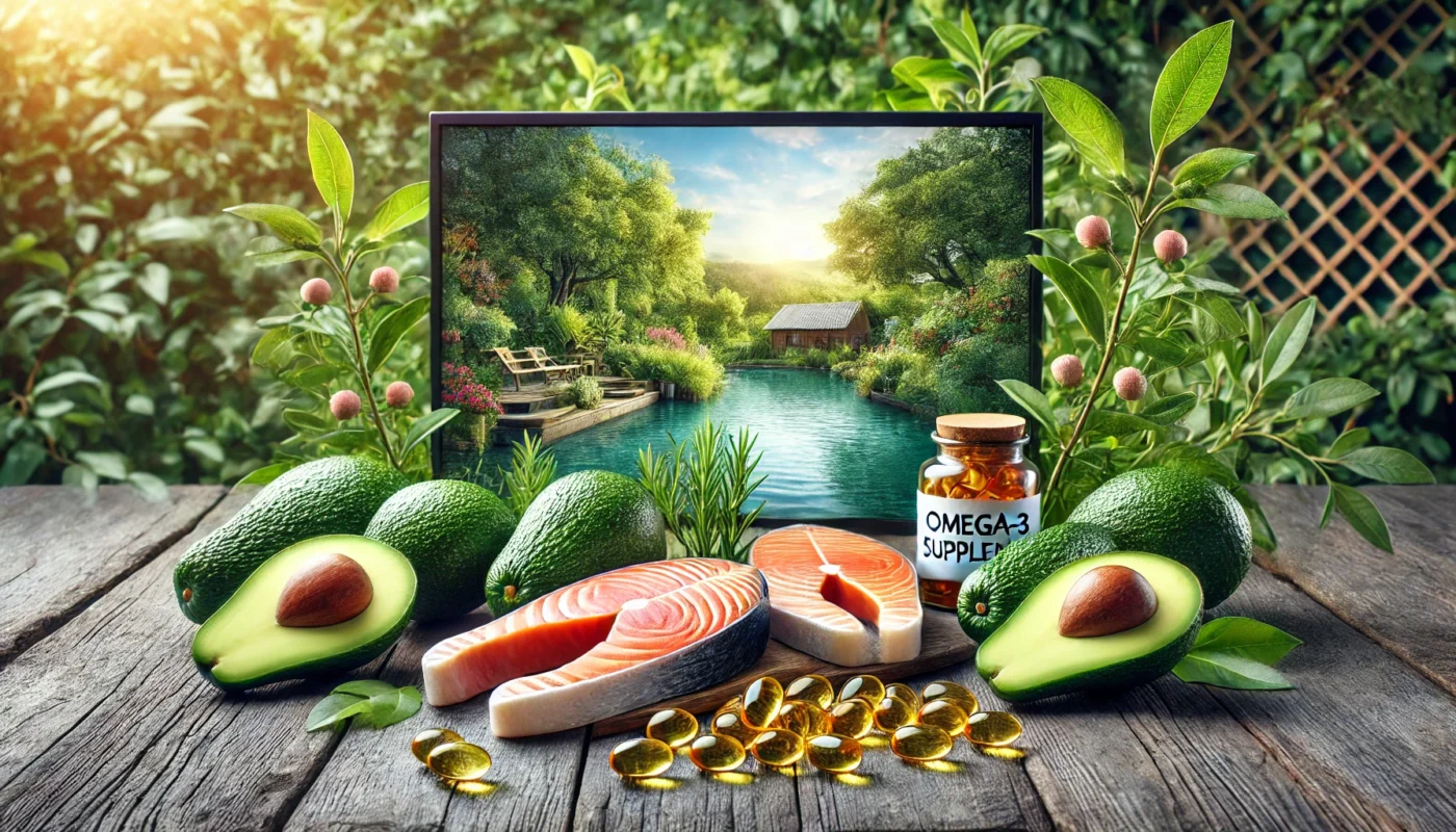 A serene outdoor setting with omega-3 supplement capsules placed near fresh salmon fillets and avocados, with a tranquil backdrop of greenery, highlighting their anti-inflammatory benefits for bone healing.