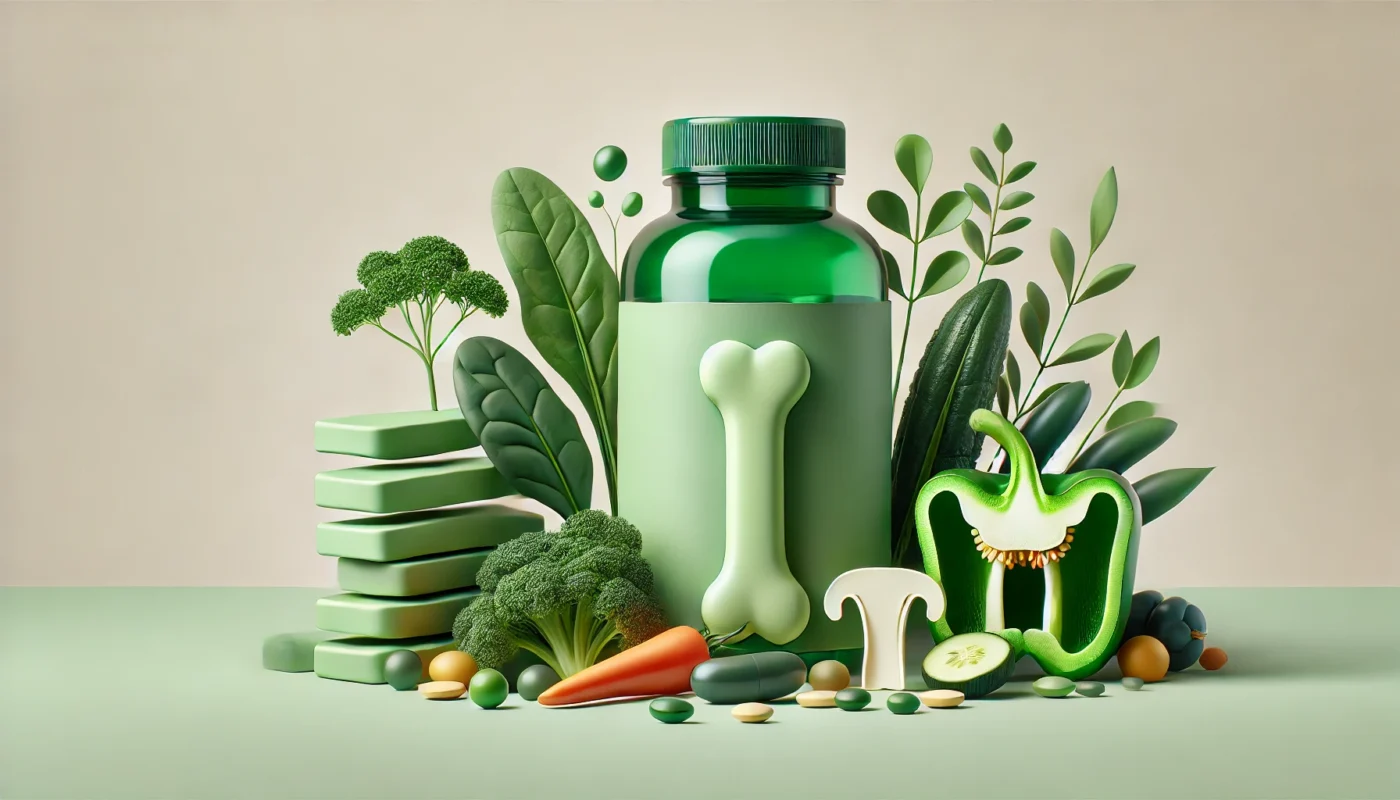 A minimalistic composition featuring a green vitamin K supplement bottle paired with colorful vegetables like spinach, kale, and bell peppers on a light background, symbolizing strong bone recovery.