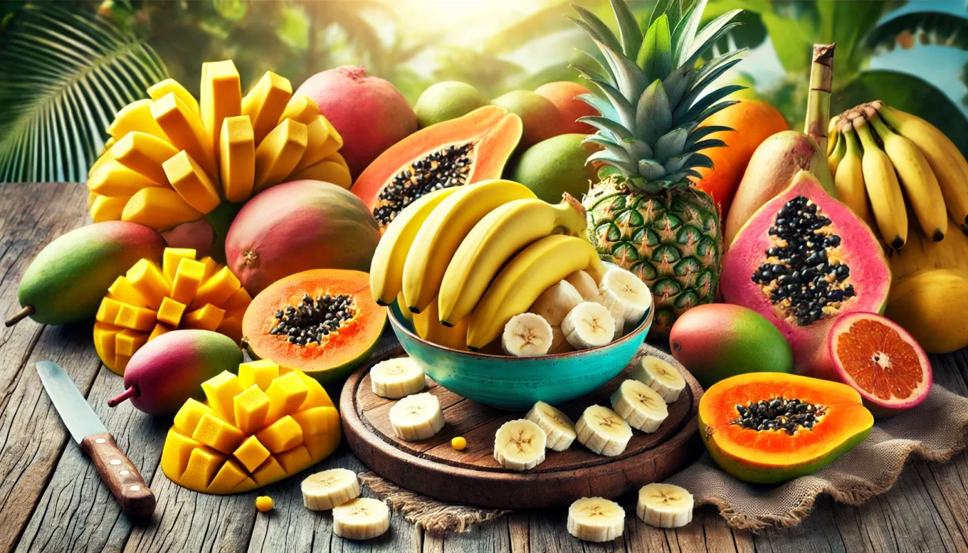 A vibrant, widescreen horizontal image of a bowl of banana slices surrounded by fresh tropical fruits like mangoes, pineapples, and papayas on a rustic wooden table. The scene emphasizes natural freshness and vibrant colors.