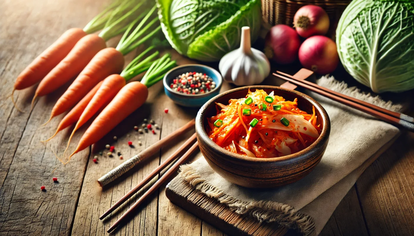 A close-up view of a vibrant bowl of kimchi served with chopsticks, surrounded by fresh vegetables like cabbage and carrots on a rustic wooden table. Highlights the traditional probiotic-rich food and its health benefits for hypertension management.