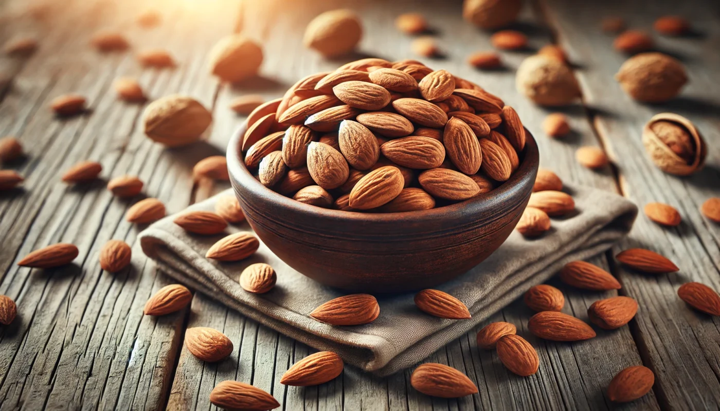 A widescreen image of a bowl filled with raw almonds placed on a rustic wooden table, surrounded by scattered almonds. The softly blurred background emphasizes the natural texture and nutritional richness of the almonds, highlighting the relationship between almonds and inflammation.