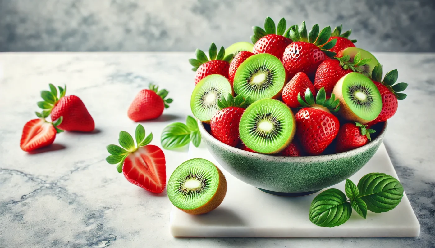 A vibrant widescreen image of a bowl filled with fresh strawberries and halved kiwis on a white marble countertop. The scene highlights the role of Vitamin C-rich fruits in reducing inflammation and promoting overall health.