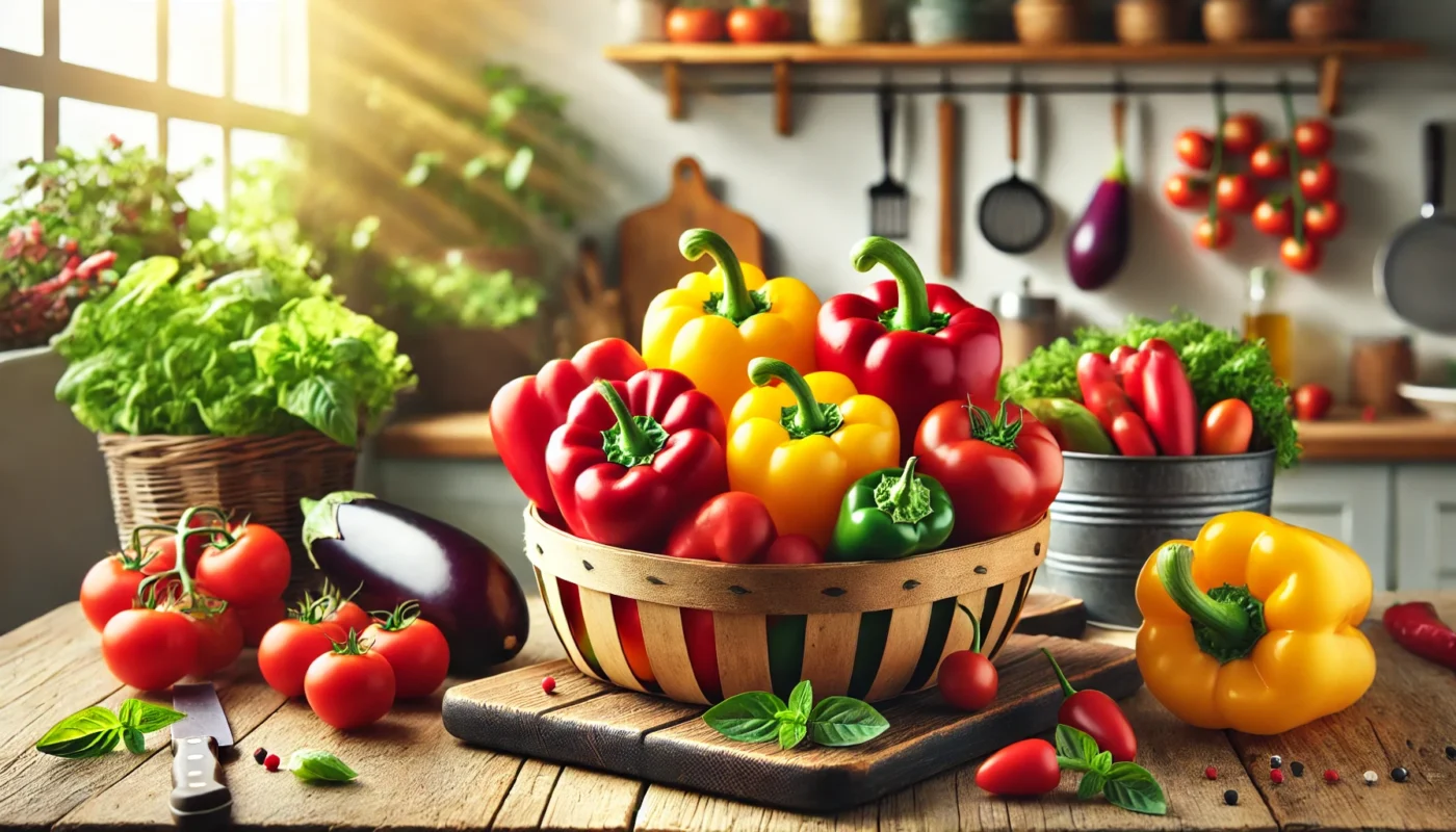 A vibrant, widescreen horizontal image featuring fresh and colorful bell peppers in various shades of red, yellow, green, and orange, emphasizing their crisp texture and nutritional value as nightshade vegetables.