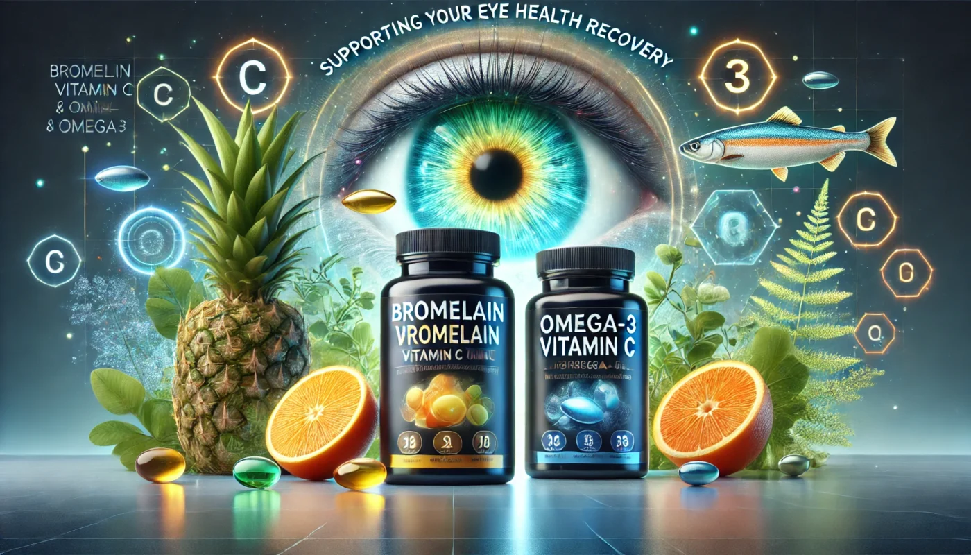 Bromelain, Vitamin C, and Omega-3 supplements for supporting eye health recovery. The scene sho