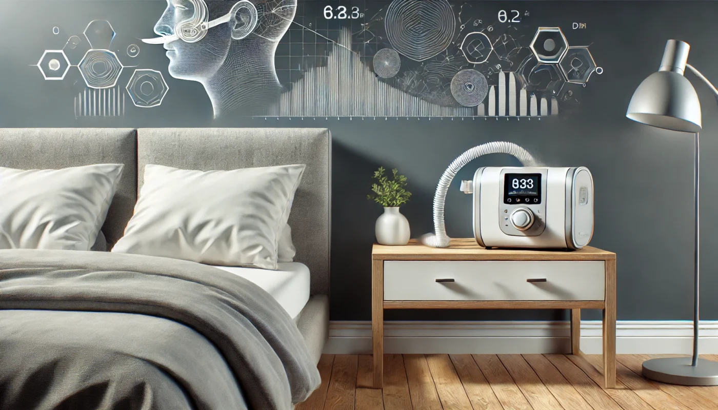 A modern bedroom scene featuring a CPAP machine on a bedside table, symbolizing its role in treating sleep apnea and hypertension. The design is realistic, clean, and free of text or letters.