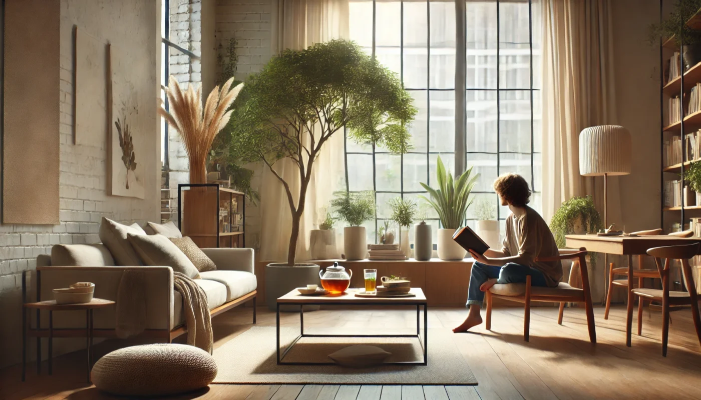 A widescreen horizontal image showing a young adult relaxing on a comfortable sofa in a softly lit living room, holding a cup of herbal tea while reading a book. The serene setting includes natural light streaming through large windows, indoor plants, and warm wooden furniture, emphasizing a stress-free and peaceful lifestyle.