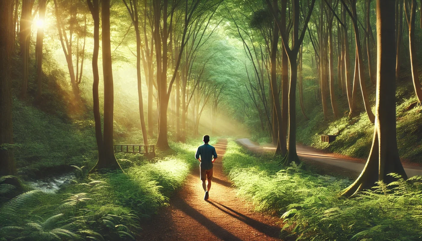 A calming, widescreen horizontal image of a person walking along a serene forest trail, surrounded by lush greenery, highlighting the stress-relieving benefits of nature walks for managing hypertension. This is an example of a great daily habit.