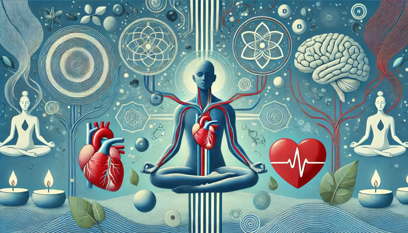 An illustration showcasing the cardiovascular benefits of meditation, featuring a calm heart, relaxed blood vessels, and a peaceful mind. The image uses soothing colors to emphasize the integration of stress reduction and heart health.