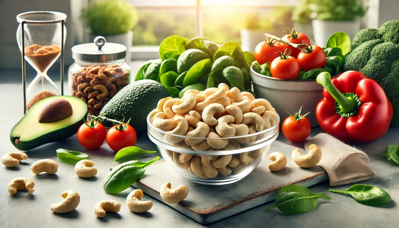 A vibrant, widescreen image of cashews displayed in a glass bowl on a sleek kitchen countertop, surrounded by fresh anti-inflammatory ingredients like spinach, cherry tomatoes, and avocados, symbolizing a healthy and balanced diet.