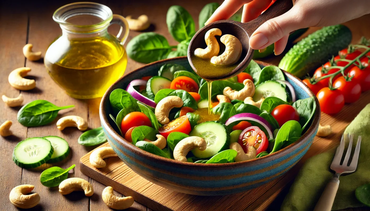 A vibrant, widescreen horizontal image showcasing cashews being incorporated into a colorful salad with spinach, cherry tomatoes, cucumbers, red onions, and a light olive oil drizzle. The salad is presented in a modern ceramic bowl on a wooden table, illuminated by soft natural light, emphasizing the freshness and healthful appeal of the meal.