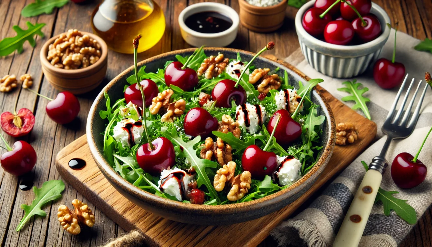 A cherry salad featuring fresh cherries, arugula, crumbled goat cheese, and walnuts, drizzled with balsamic glaze, served in a ceramic bowl on a wooden dining table, showcasing a flavorful anti-inflammatory dish.