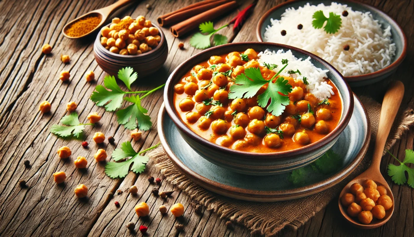 A widescreen image of a hearty chickpea curry served in a ceramic bowl, garnished with fresh cilantro and accompanied by jasmine rice. The rustic wooden table includes scattered chickpeas and spices, highlighting this flavorful and anti-inflammatory meal.