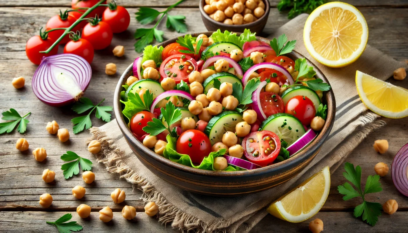 Are chickpeas inflammatory? This is a widescreen image of a vibrant chickpea salad served in a ceramic bowl, featuring cherry tomatoes, cucumbers, red onion, and parsley. The rustic wooden table is adorned with scattered chickpeas and lemon wedges, emphasizing their anti-inflammatory and nutritious qualities.