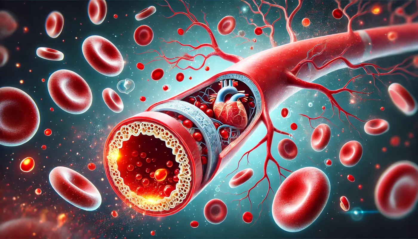 A widescreen image illustrating cholesterol and inflammation, featuring an artery cross-section with red blood cells and arterial plaque buildup, symbolizing the link between cholesterol and inflammation.