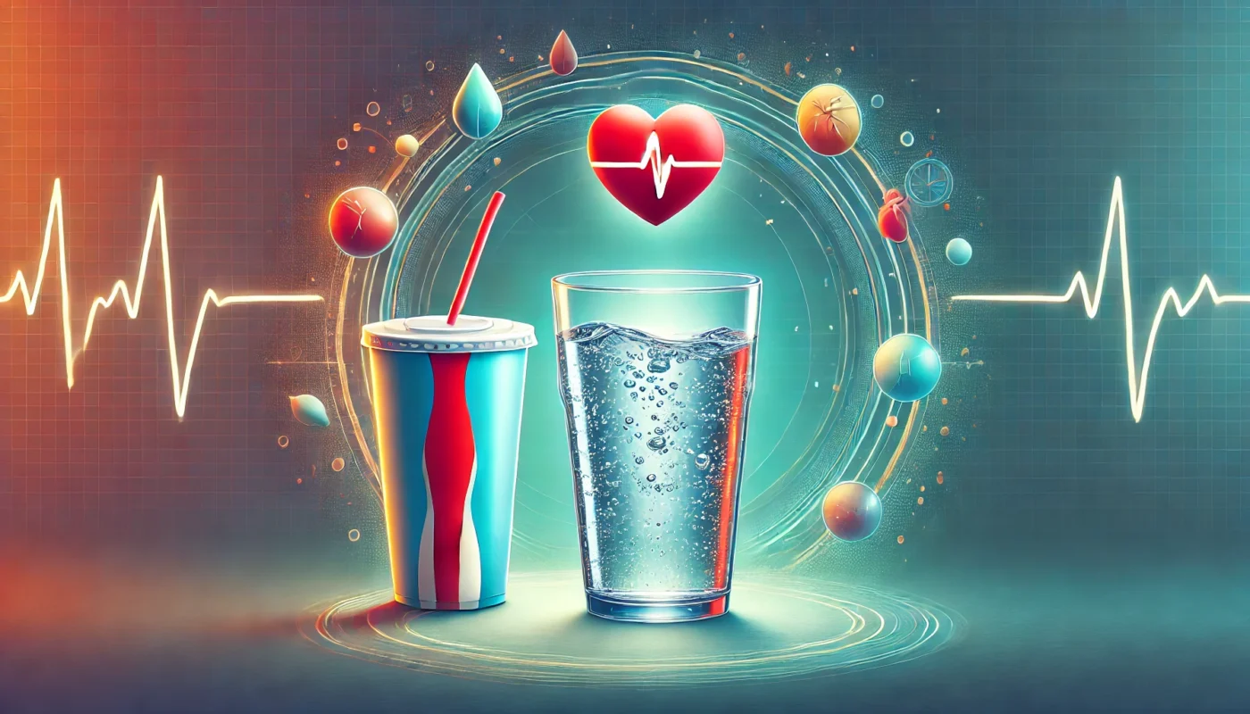 A conceptual illustration showing a clear glass of water with condensation next to a colorful soda cup, emphasizing water as a healthier drink choice. The background includes subtle heart monitor and blood vessel graphics, highlighting the importance of hydration for hypertension management.