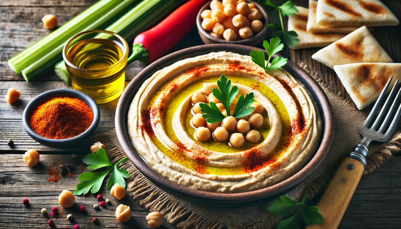 A widescreen image of creamy hummus made from chickpeas, served in a shallow bowl garnished with olive oil, paprika, and fresh parsley. The setup includes pita bread and raw vegetable sticks on a rustic wooden table, emphasizing its nutritious and anti-inflammatory qualities.