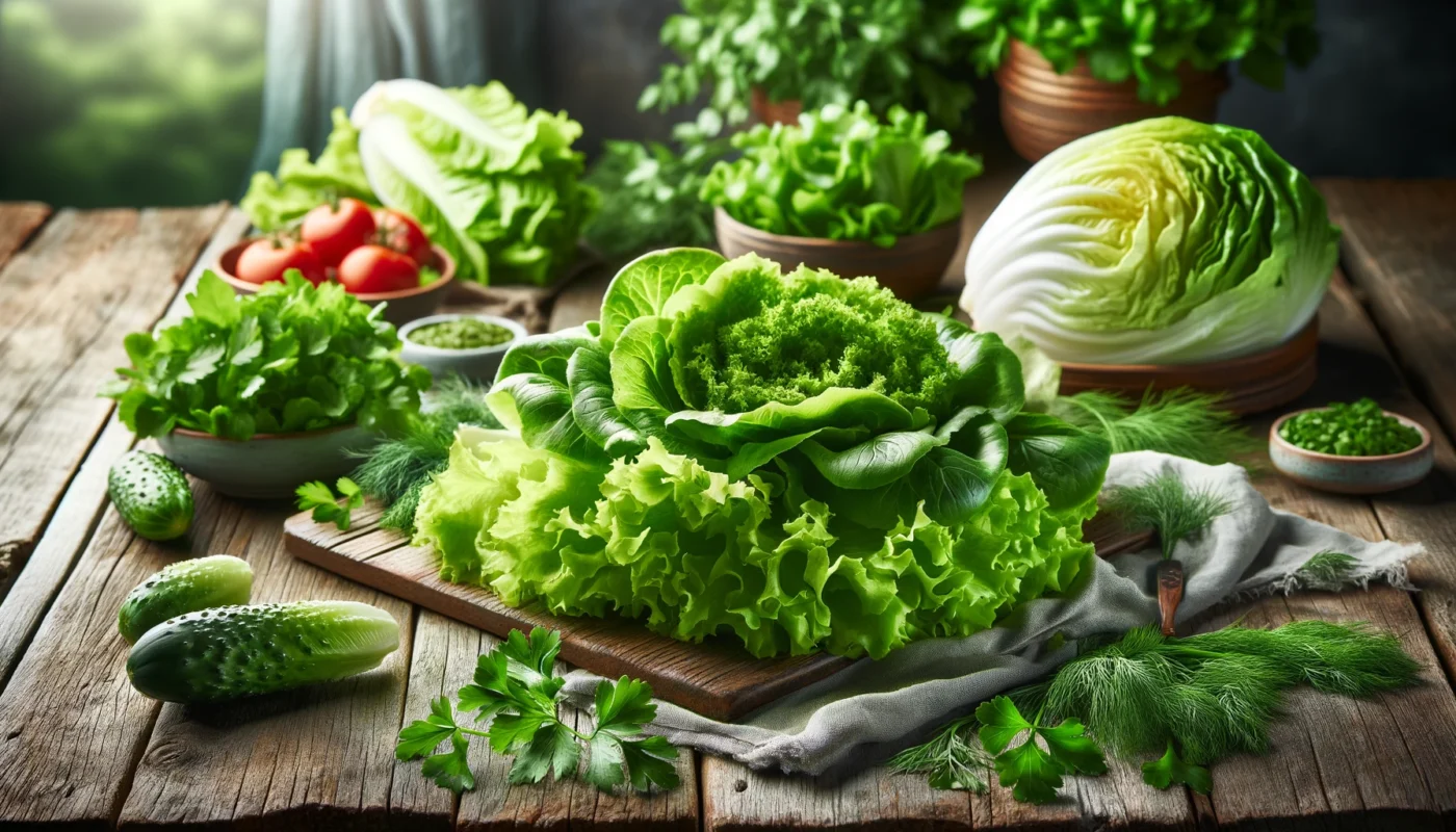 A vibrant, widescreen image showcasing a close-up of crisp lettuce leaves of various types, including romaine, butterhead, and iceberg, washed and arranged on a rustic wooden table. Fresh sprigs of parsley and dill add to the scene, emphasizing the freshness and health benefits of lettuce as an anti-inflammatory food.