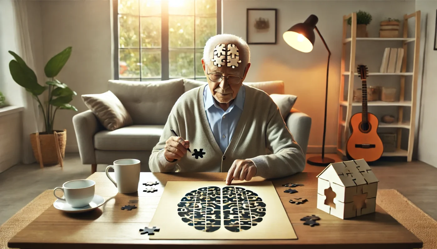 An elderly individual solving a jigsaw puzzle at a well-lit table, symbolizing cognitive training to preserve brain health. The room features natural light, comfortable seating, and warm decor, creating a supportive environment for memory exercises.