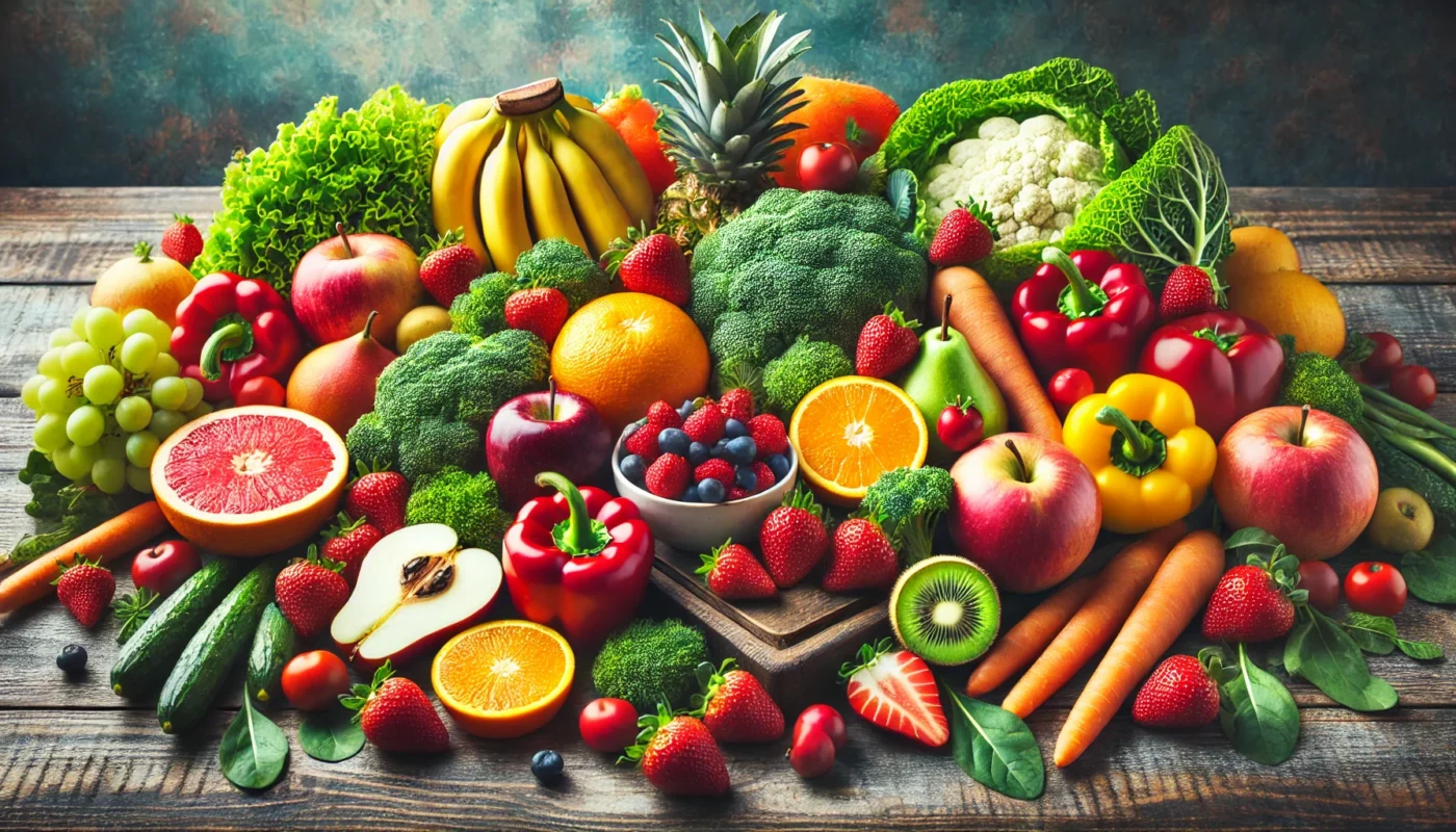 A vibrant, horizontal image showcasing a colorful assortment of fresh fruits and vegetables for the DASH diet, including apples, oranges, bananas, strawberries, broccoli, carrots, bell peppers, and leafy greens, arranged on a rustic wooden table.