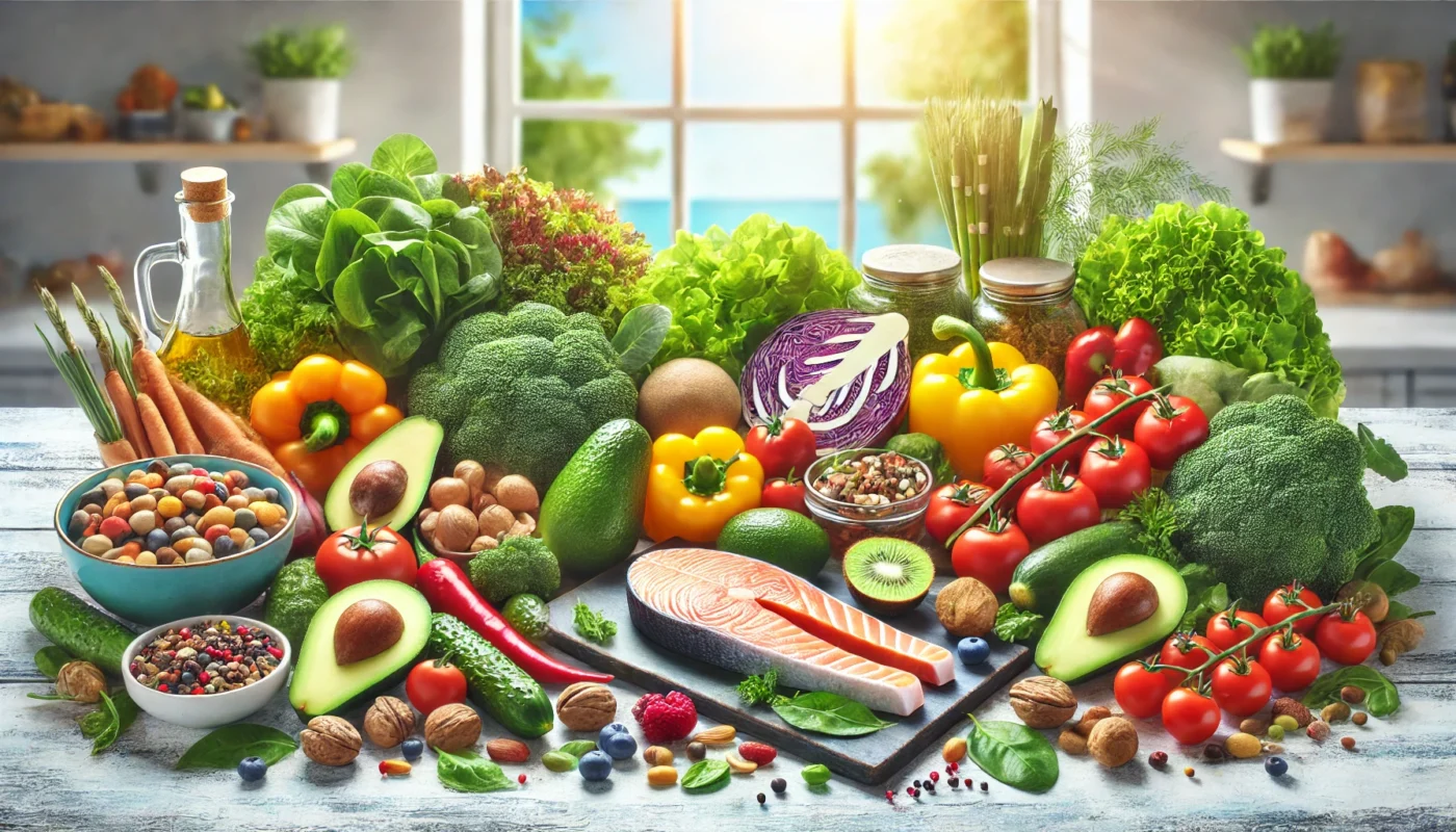 A vibrant, widescreen horizontal image showcasing a colorful assortment of top 20 anti-inflammatory foods, including avocados, leafy greens, fatty fish, nuts, and fresh vegetables, beautifully arranged in a clean kitchen setting to emphasize their health benefits.