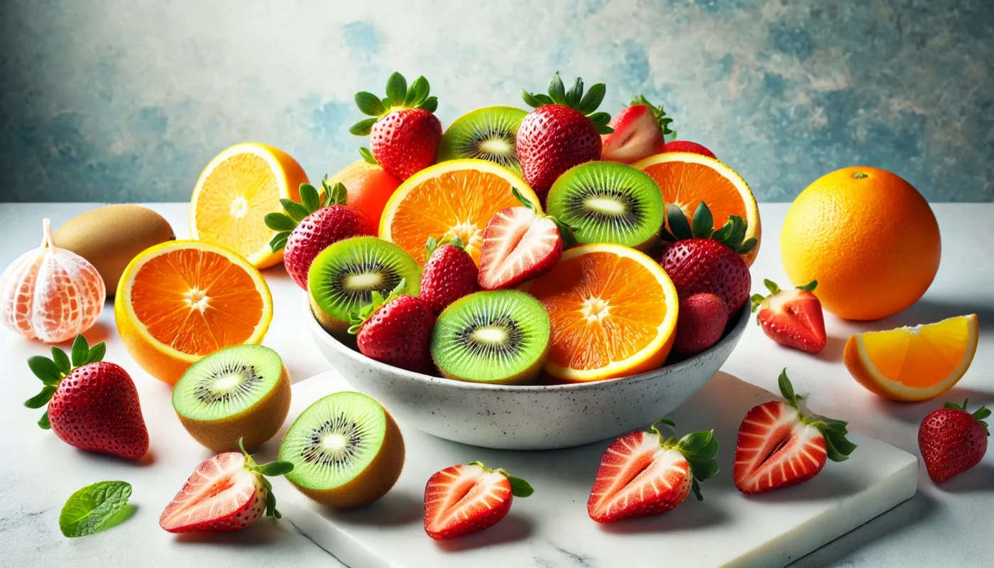 A vibrant widescreen image of a colorful fruit bowl filled with oranges, strawberries, and kiwis on a white marble countertop. The sliced fruits display their vibrant interiors, emphasizing their high Vitamin C content for naturally combating gut inflammation.