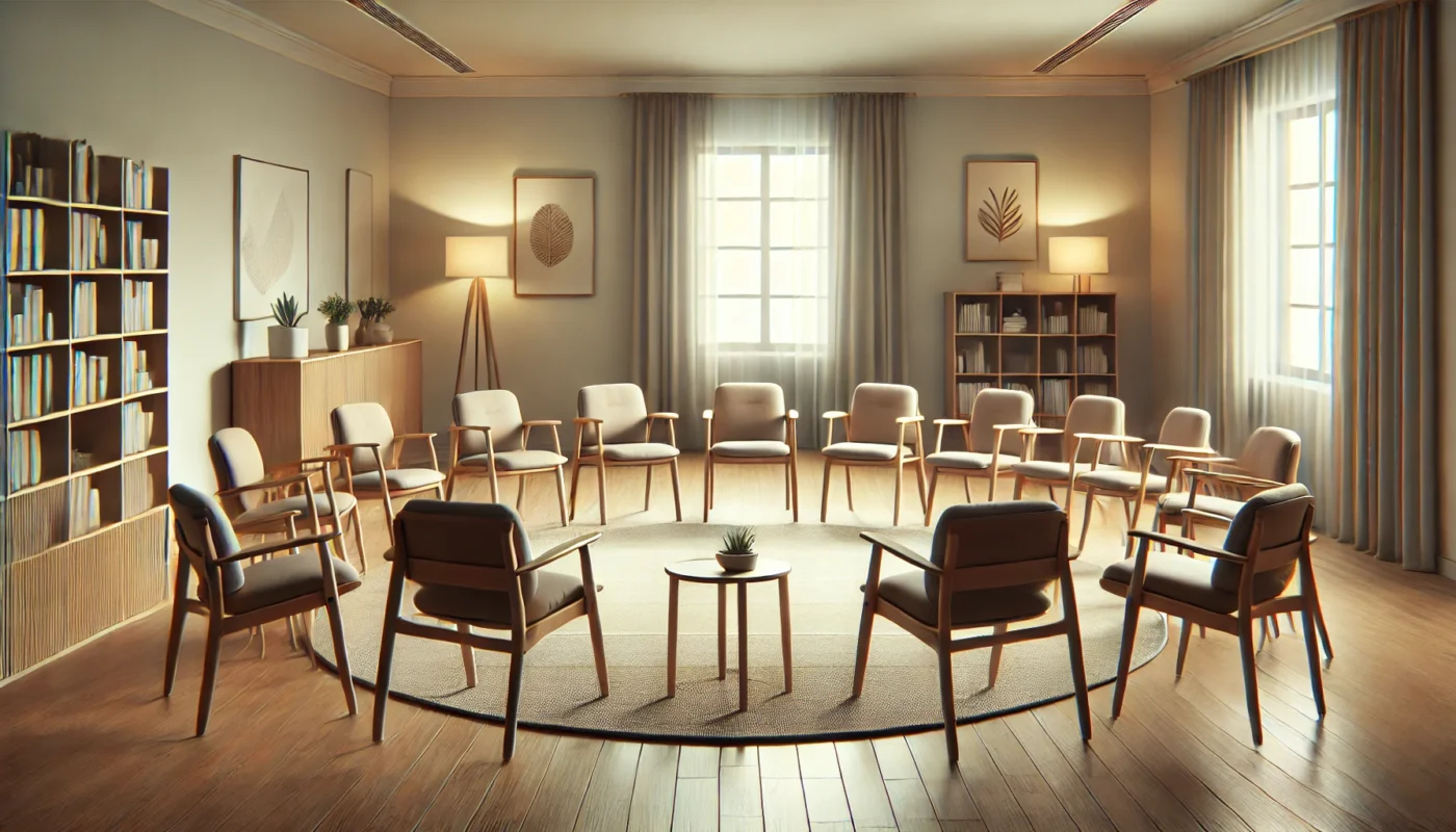 A calm and organized community room with chairs arranged in a circle, ready for a support group session, with soft lighting and minimal decor.