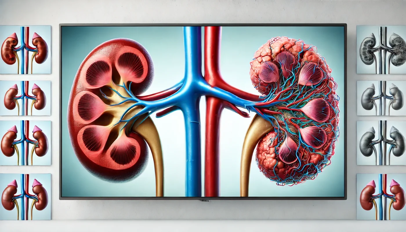 A detailed, widescreen horizontal illustration showing a healthy kidney on the left, vibrant with clear structures, and a damaged kidney on the right, displaying scarring and inflammation, set against a clean and minimal background.