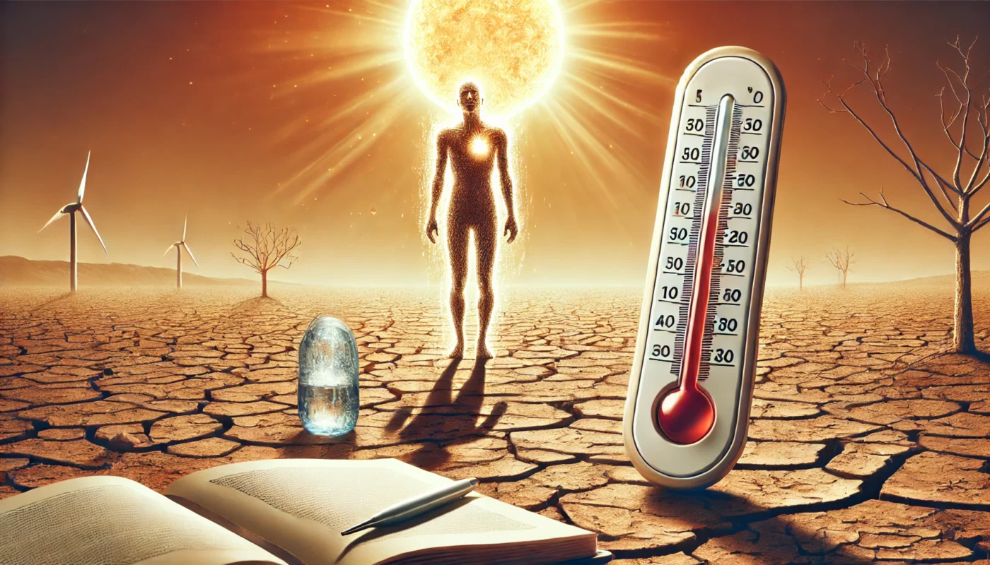 A conceptual illustration of an individual experiencing heat stress under a scorching sun, with dry, cracked earth and a thermometer indicating high temperatures. This image highlights the impact of global warming on hypertension and health challenges.