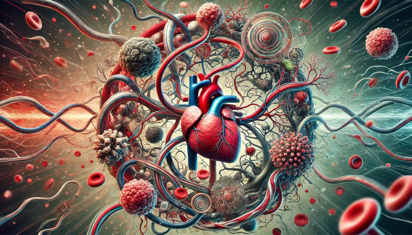 A conceptual illustration symbolizing the intricate connection between hypertension and cancer, showcasing abstract depictions of blood vessels, tumor cells, and oxidative stress in a cohesive and scientific design. No text or labels are included.