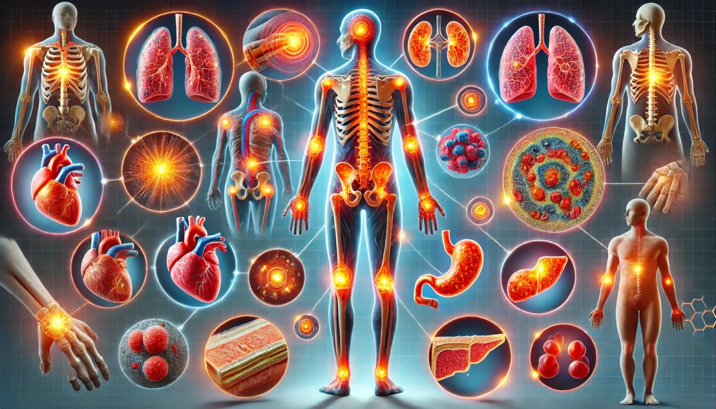 A detailed and vibrant widescreen illustration depicting the impact of inflammatory diseases on the body, including inflamed joints, irritated skin, and inflamed lung tissues. The image uses symbolic representations with glowing red and orange hues against a blue backdrop, highlighting inflammation processes in these key areas.