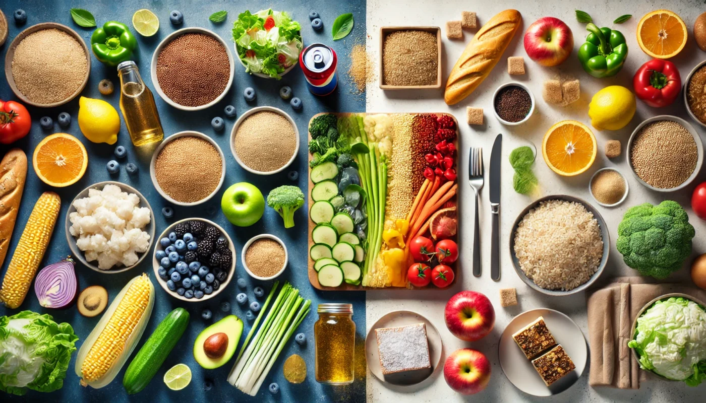 A vibrant table displaying healthy carbohydrate sources like whole grains, quinoa, brown rice, fresh vegetables, and fruits on the left, contrasted with refined carbs such as white bread, sugary pastries, and soda on the right, in a modern kitchen setting. It seeks to emphasize the connection between carbs and inflammation.