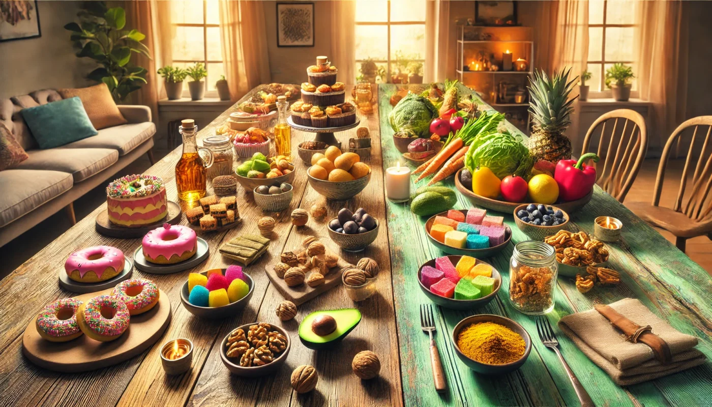 A vibrant, widescreen horizontal image of a cozy dining table divided into two sections. One half features sugary treats like cakes, cookies, and colorful candies, while the other half showcases anti-inflammatory foods such as fresh vegetables, avocados, walnuts, and turmeric. The setting includes warm natural lighting streaming in from a nearby window, highlighting the contrast between the two food groups and the connection between sugar and inflammation.