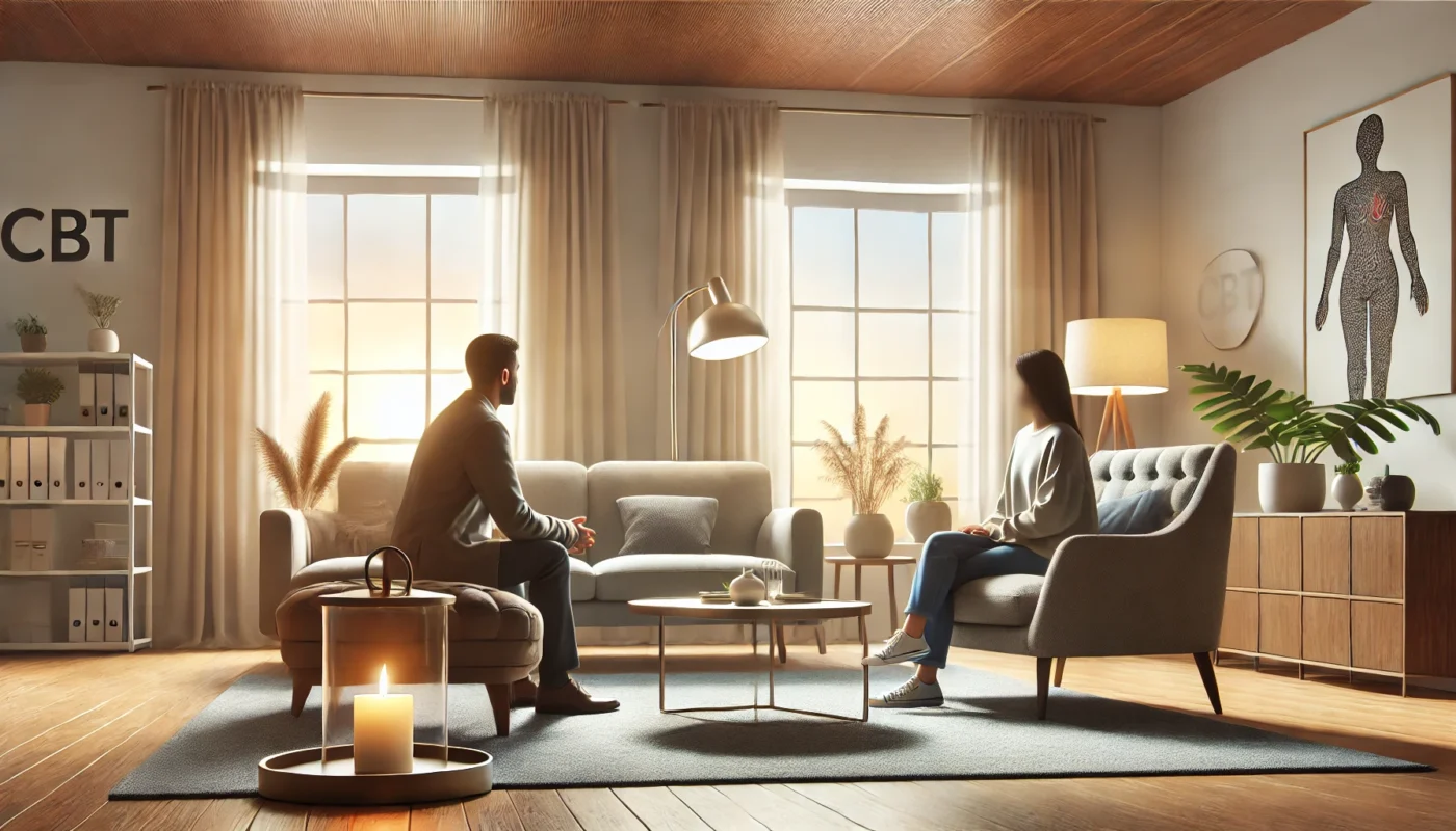 A serene indoor scene showing an individual in a counseling session with a therapist, emphasizing the role of CBT in managing hypertension. The setting includes soft lighting, comfortable seating, and neutral decor to highlight a supportive and professional environment.