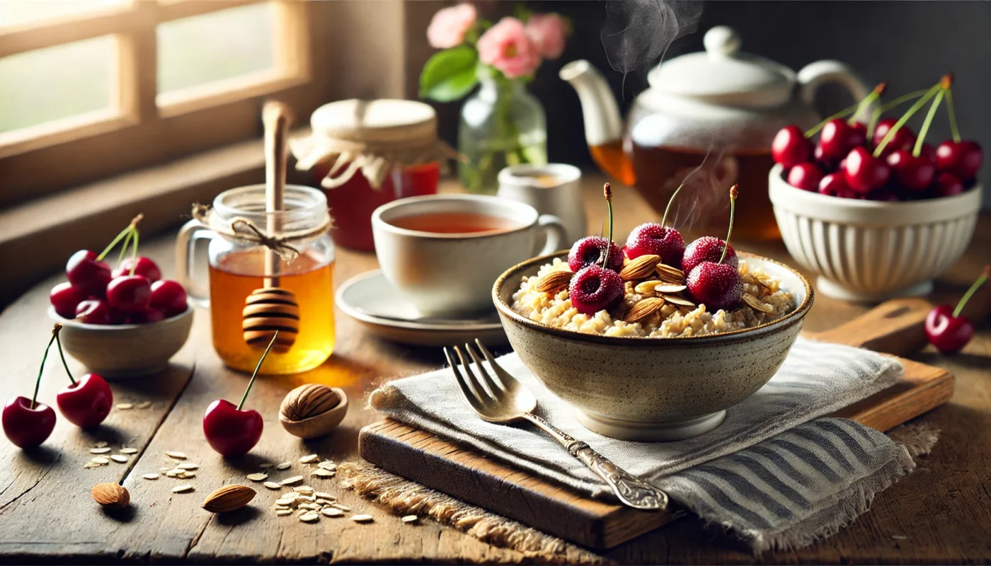 A widescreen image of a cozy breakfast table featuring a bowl of fresh cherries alongside a glass of tart cherry juice, complemented by a healthy spread of whole-grain toast and yogurt, emphasizing the theme “are cherries good for arthritis.