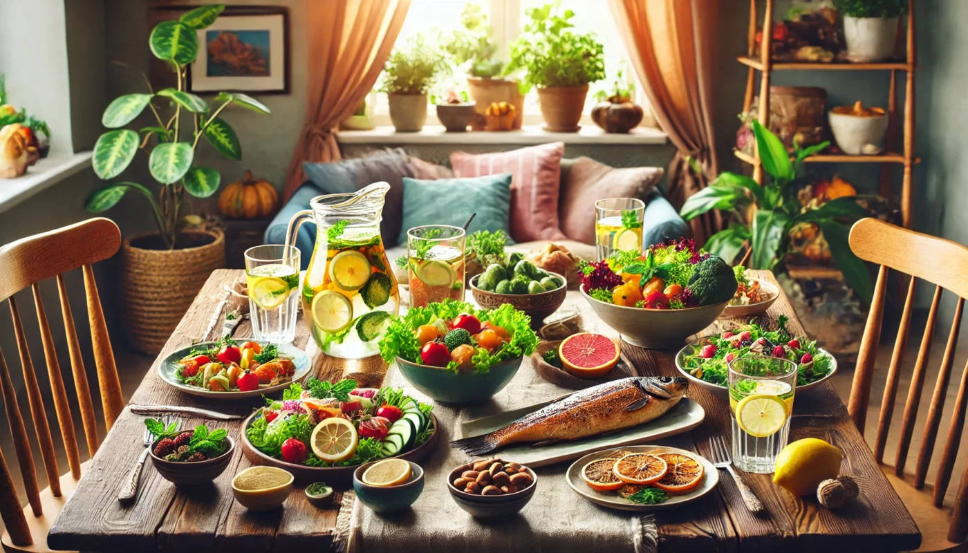 A vibrant, widescreen horizontal image showcasing a cozy, well-lit dining room table set with a variety of anti-inflammatory foods, including colorful salads, bowls of nuts, grilled fish, roasted vegetables, and a jug of infused water with lemon and mint. The setting emphasizes health and wellness with soft natural light streaming through a nearby window.