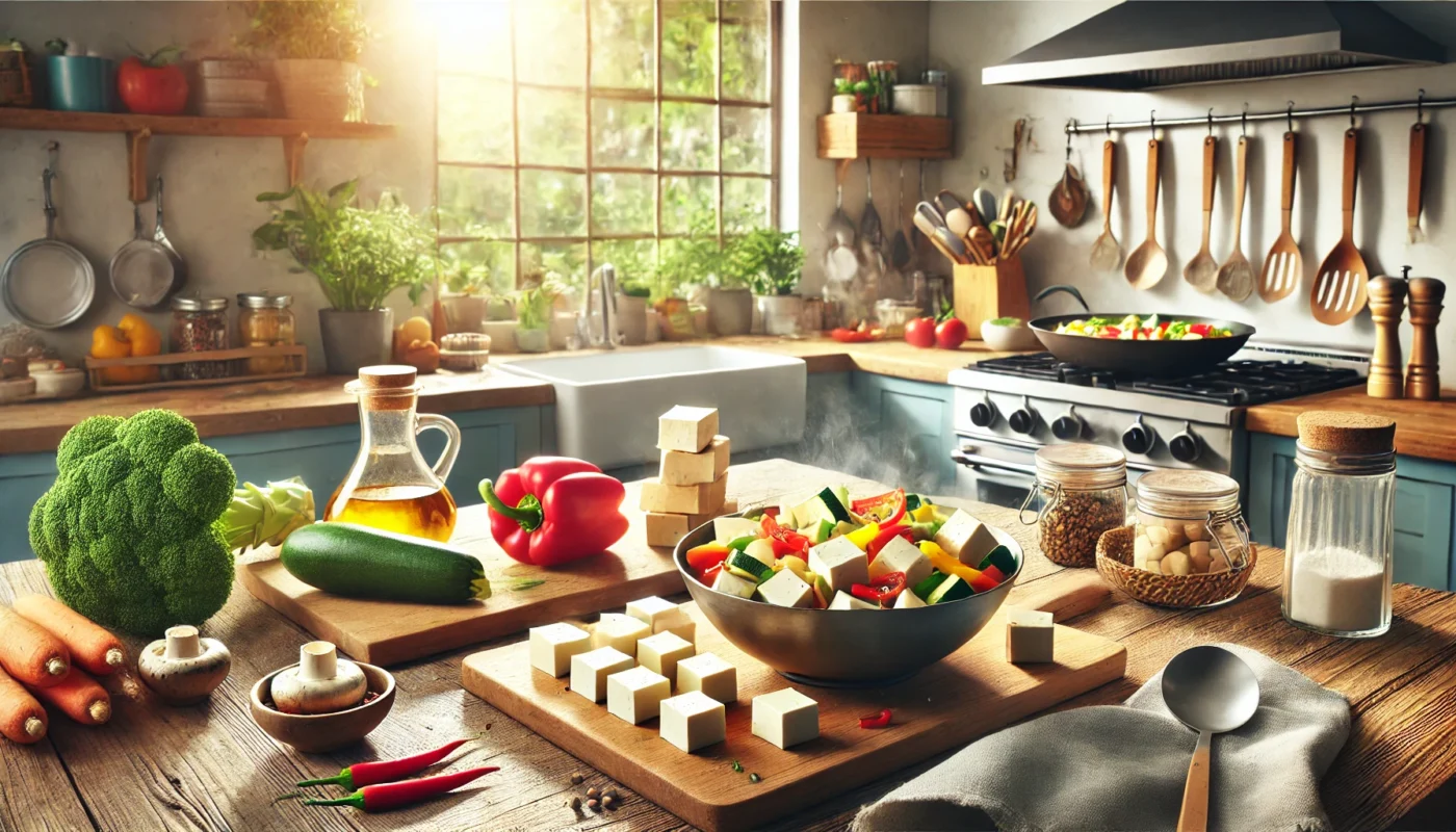 Does tofu cause inflammation? This is a vibrant, widescreen horizontal image depicting a cozy modern kitchen setup with a tofu-based meal being prepared. The counter displays marinated tofu cubes surrounded by fresh vegetables like bell peppers, zucchini, and mushrooms. A steaming pan cooks tofu stir-fry with colorful veggies, illuminated by natural light streaming through a large window. The kitchen ambiance includes a spice rack and neatly arranged utensils for a welcoming atmosphere.