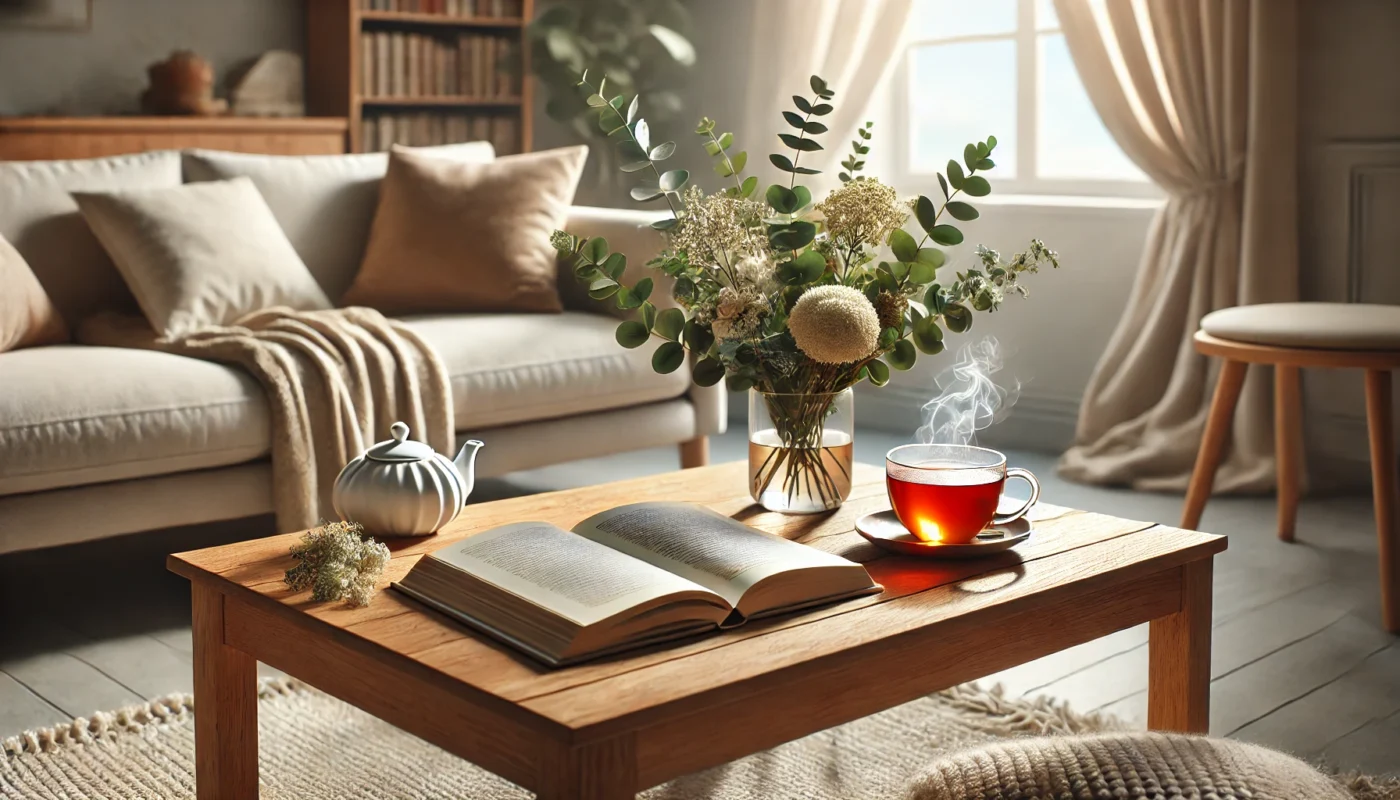 A high-resolution widescreen image of a cozy living room featuring a wooden coffee table with an open book, a steaming cup of herbal tea, and a vase of fresh flowers. Soft cushions adorn the couch, and sunlight filters through sheer curtains, creating a serene and inviting ambiance.