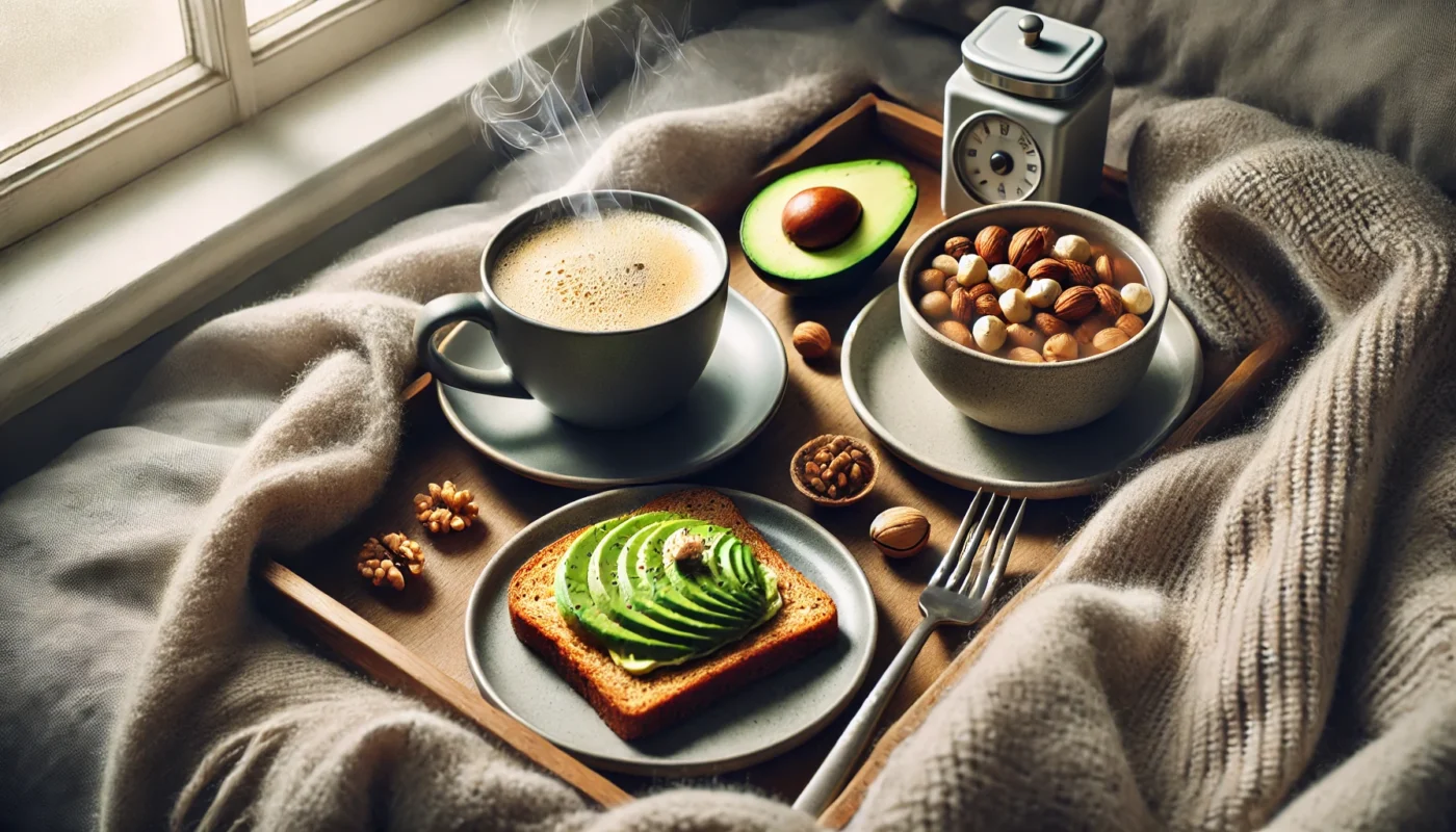 A widescreen image of a cozy morning setup featuring a steaming cup of coffee on a soft gray blanket. Alongside the coffee, a small plate of mixed nuts and a slice of avocado toast on whole-grain bread complement the serene atmosphere, illuminated by natural light streaming through a window, emphasizing a healthy, anti-inflammatory lifestyle.