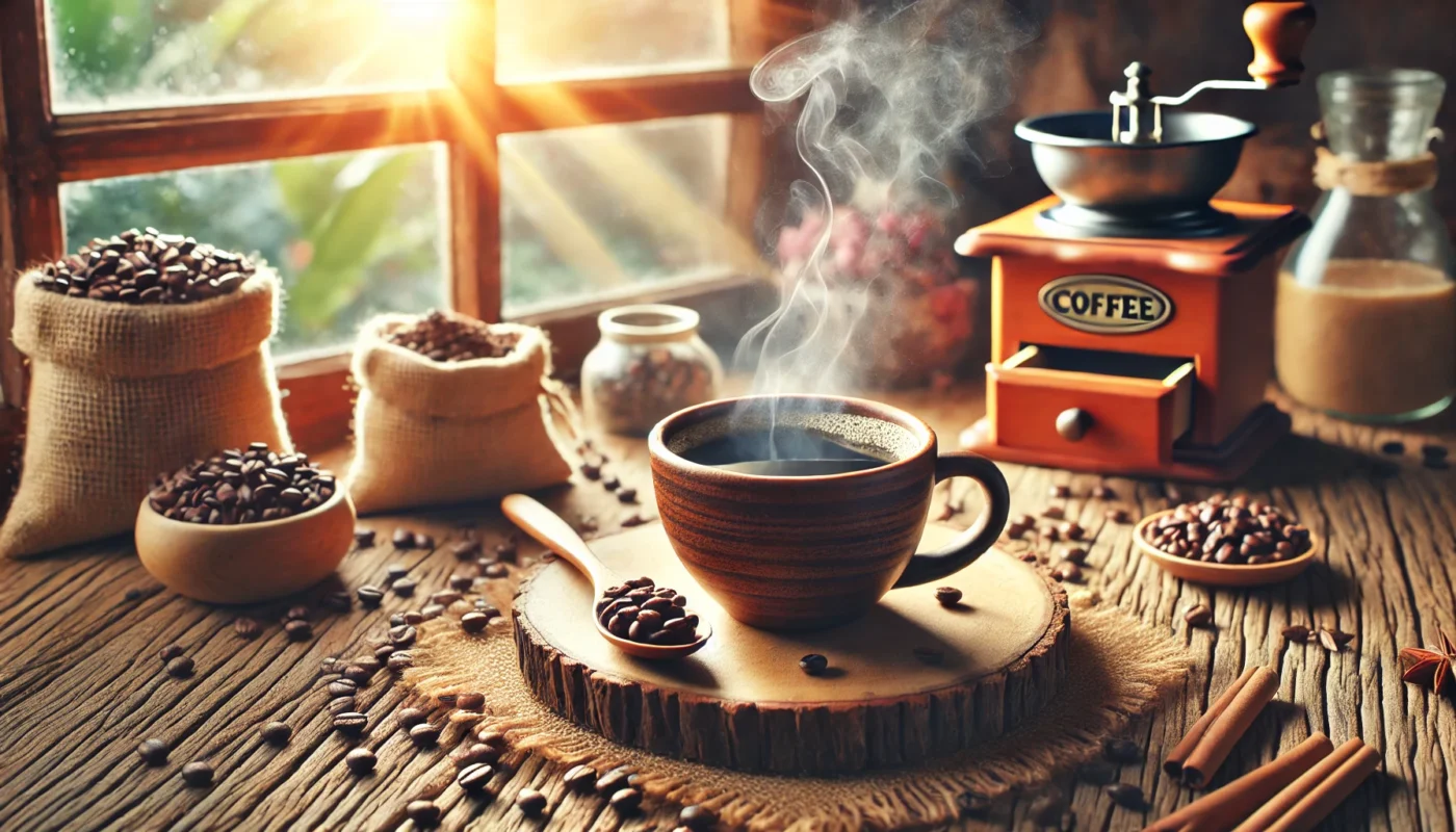 A vibrant, widescreen image featuring a cozy morning setup with a steaming cup of black coffee on a rustic wooden table, surrounded by coffee beans and natural sunlight streaming through a window. This setting represents the potential role of coffee in managing inflammatory bowel disease.