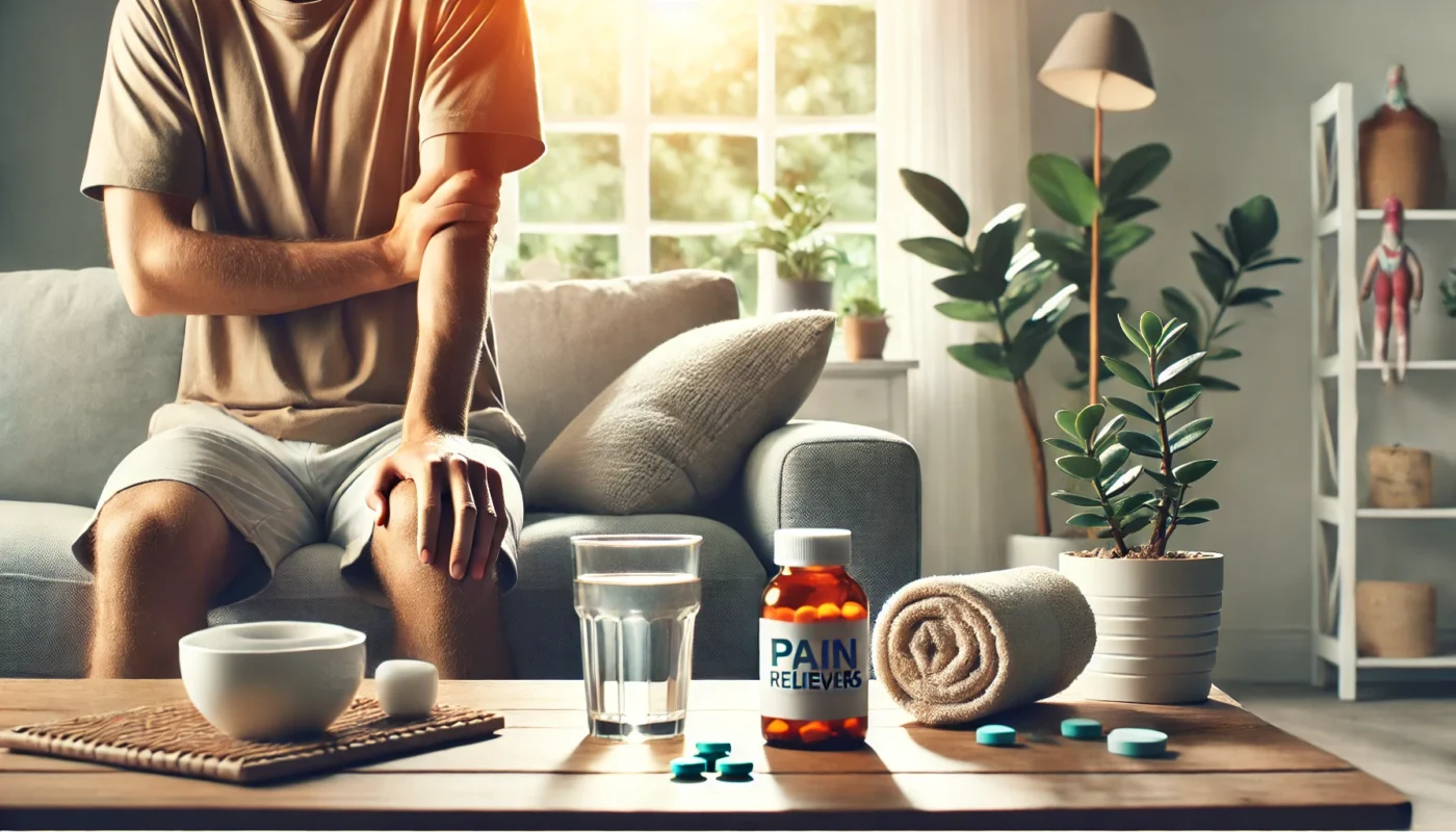 Does tylenol help with sore muscles? This is a widescreen image of a cozy home setting showing a person massaging their sore muscles while holding a bottle of pain relievers. The scene features a comfortable couch, a coffee table with a glass of water, and soft natural lighting, emphasizing relaxation and recovery.