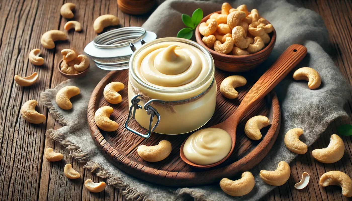 A vibrant, widescreen horizontal image featuring a glass jar of creamy cashew butter with a wooden spoon, surrounded by raw cashews on a rustic wooden table, illuminated by soft natural lighting.