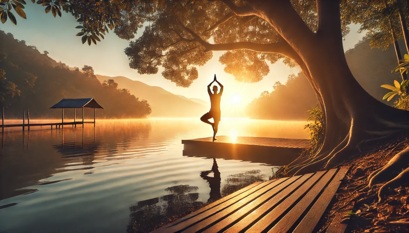 An inspiring and tranquil image showcasing stress reduction through yoga. The scene features a person practicing the tree pose on a lakeside pier at sunrise. The serene environment includes calm water, golden sunlight, a large tree providing shade, and distant hills, emphasizing relaxation and mindfulness in nature.