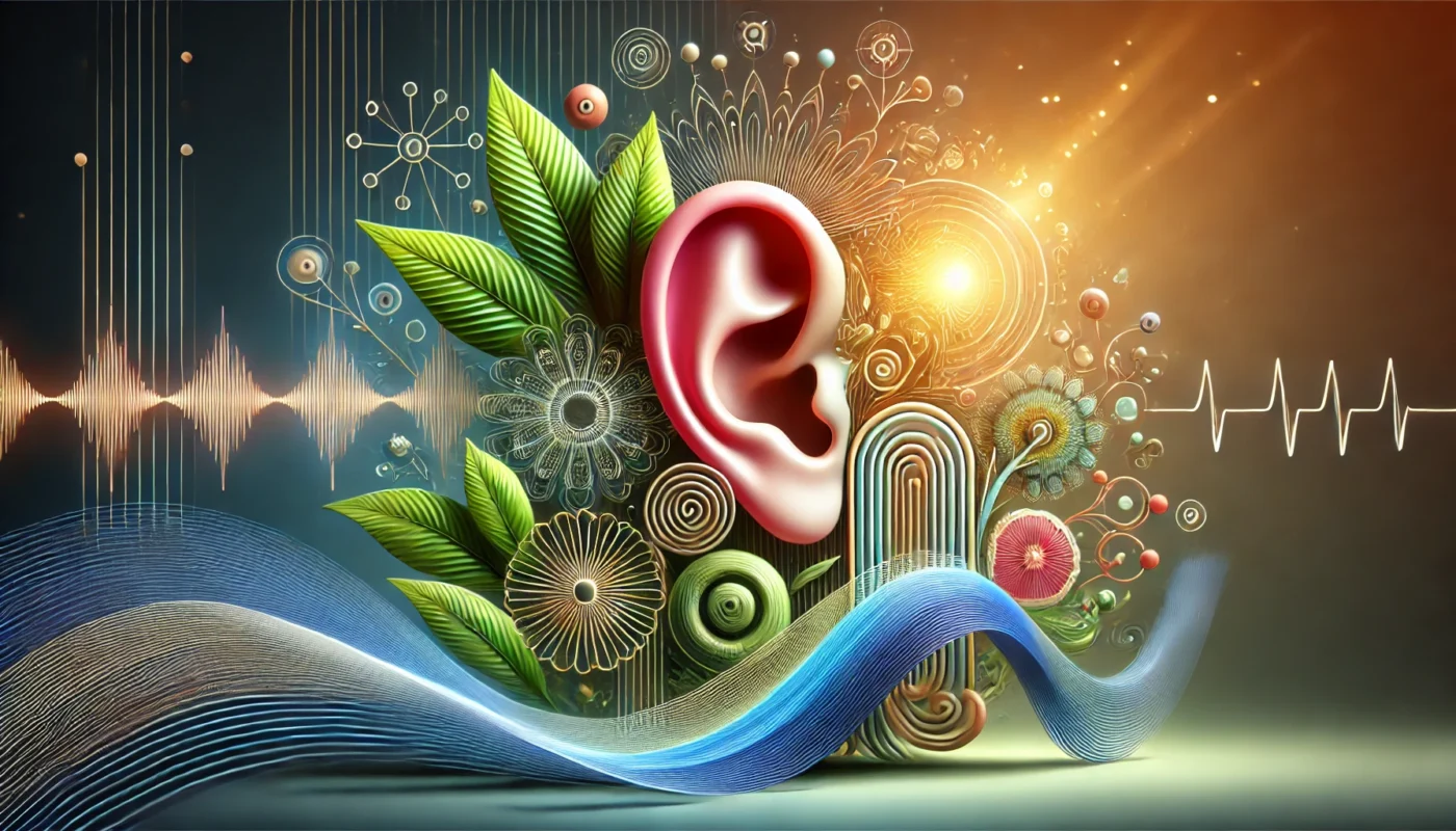 An artistic and symbolic depiction of healthy hearing, featuring a vibrant ear surrounded by abstract sound waves, green leaves, and intricate patterns representing harmony and wellness. The image highlights auditory health with dynamic elements, including flowing blue waveforms and golden light radiating energy and balance.