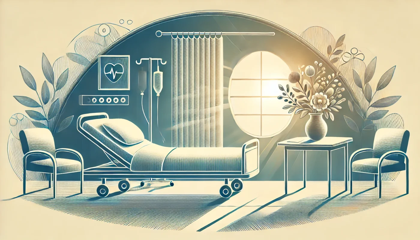 A serene illustration of a post-surgical recovery setting, featuring a hospital bed near a softly lit window. The room includes a vase of flowers on a bedside table, a comfortable chair, and calming natural decor elements. The design emphasizes rest, healing, and a comforting environment, ideal for depicting recovery themes in health-related content.