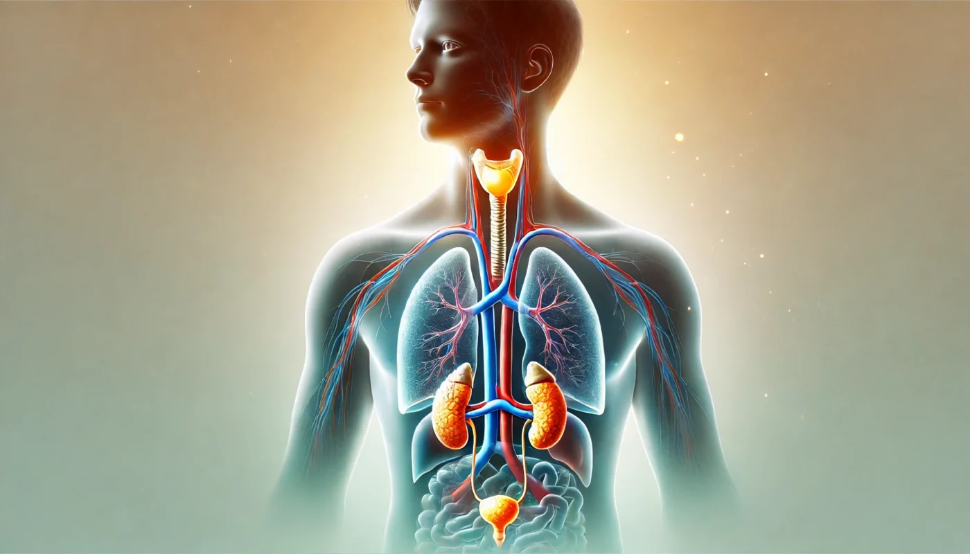 A conceptual illustration of the human endocrine system, featuring a glowing artistic depiction of key glands such as the thyroid, pituitary, and adrenal glands. The glands are highlighted within a semi-transparent human silhouette, with visible veins, arteries, and internal organs like the lungs and kidneys. The background has a soft gradient transitioning from golden light to teal, symbolizing health, balance, and scientific precision.