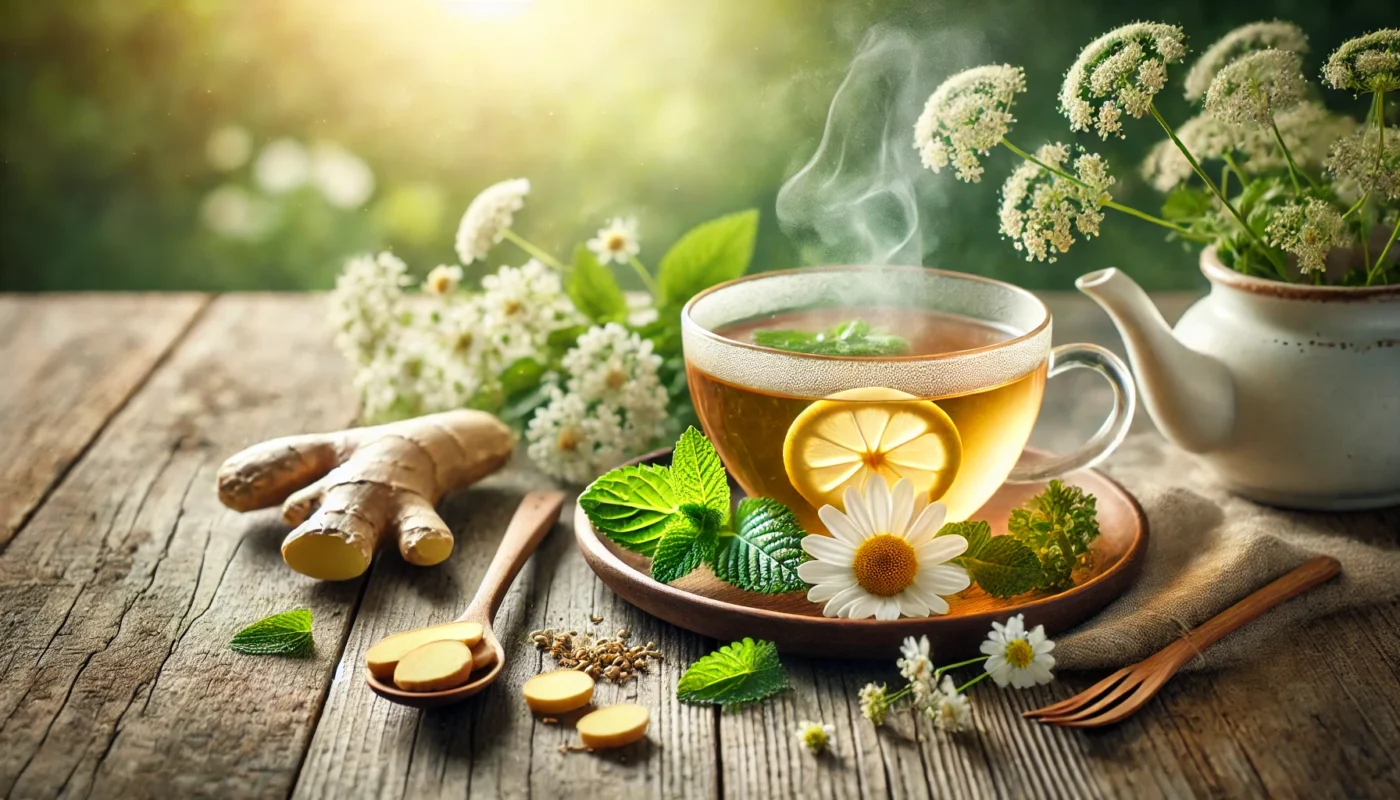 A serene cup of steaming herbal tea with chamomile flowers, ginger slices, and mint leaves on a rustic wooden table, surrounded by morning sunlight and greenery.