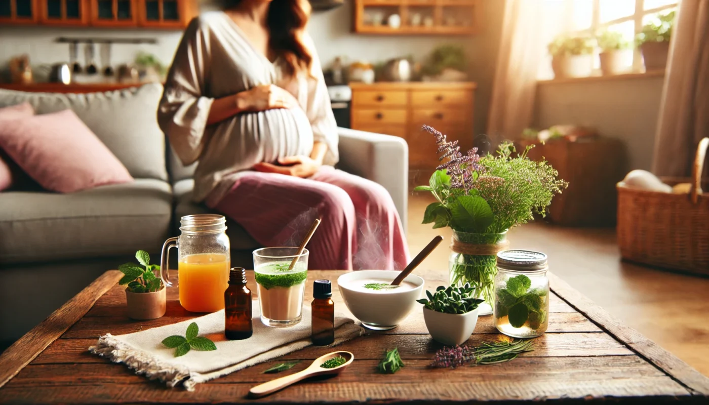 A serene image of a new mother in a cozy living room, sipping herbal tea surrounded by natural remedies like essential oils and fresh herbs, symbolizing postpartum hormone balance.