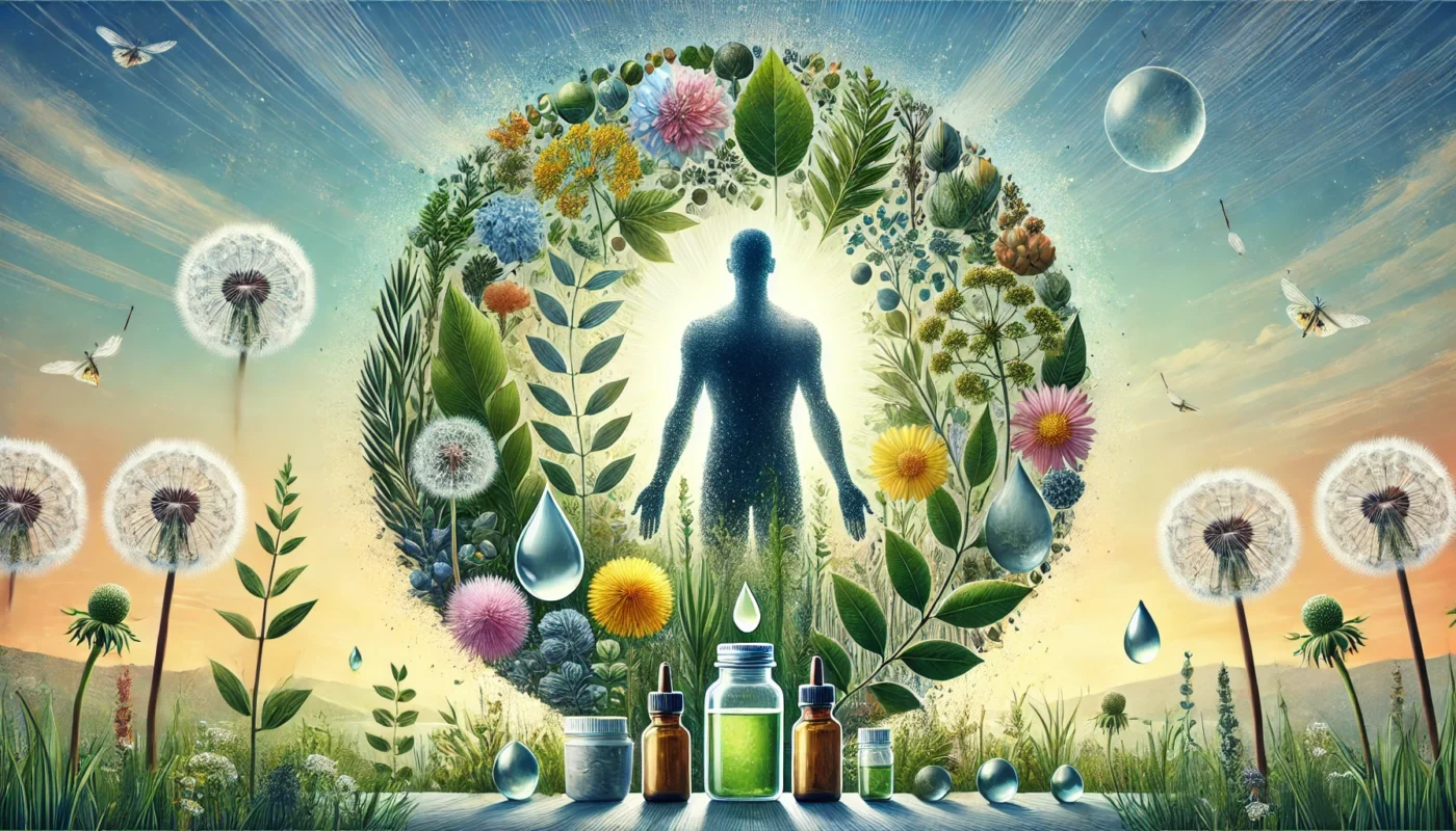 Artistic depiction of a healthy human silhouette amidst detoxifying herbs and a serene natural landscape, symbolizing hormonal balance and detoxification.