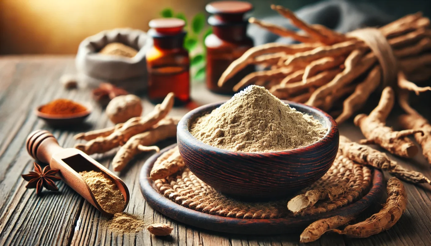 A close-up of dried ashwagandha roots and powdered ashwagandha in a rustic bowl on a wooden surface, ideal for promoting natural remedies for hormonal health.