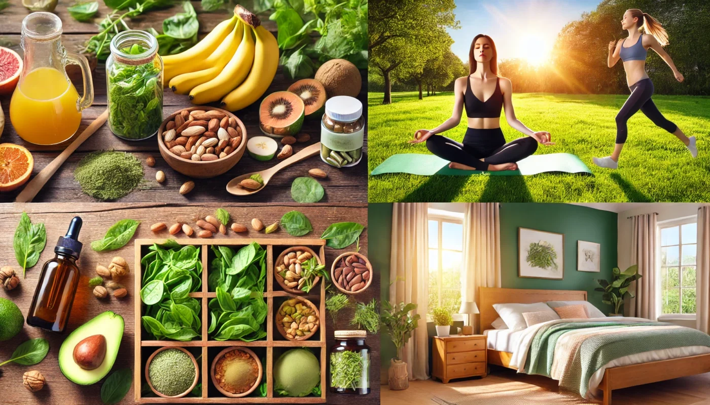 A colorful array of progesterone-enhancing foods, including bananas, nuts, spinach, and avocados, displayed vibrantly on a wooden surface.